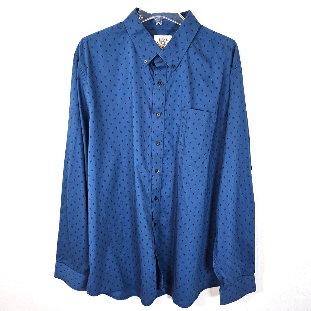 Lands End Blake Shelton Shirt Men's XXLT Blue Black Bird Print Casual Classic